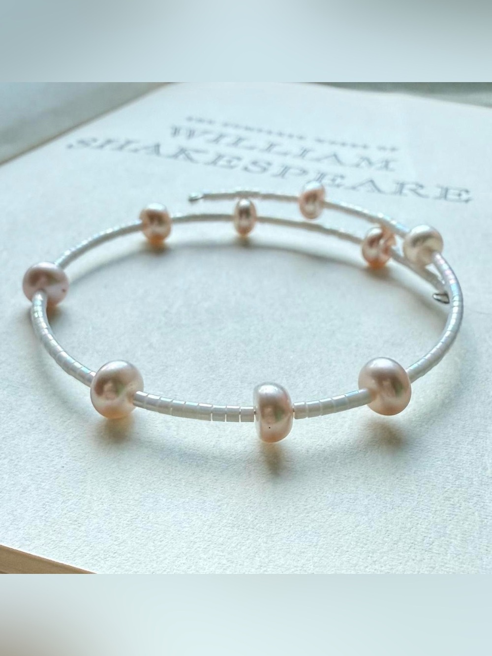 Handmade beaded pearl memory wire bracelet